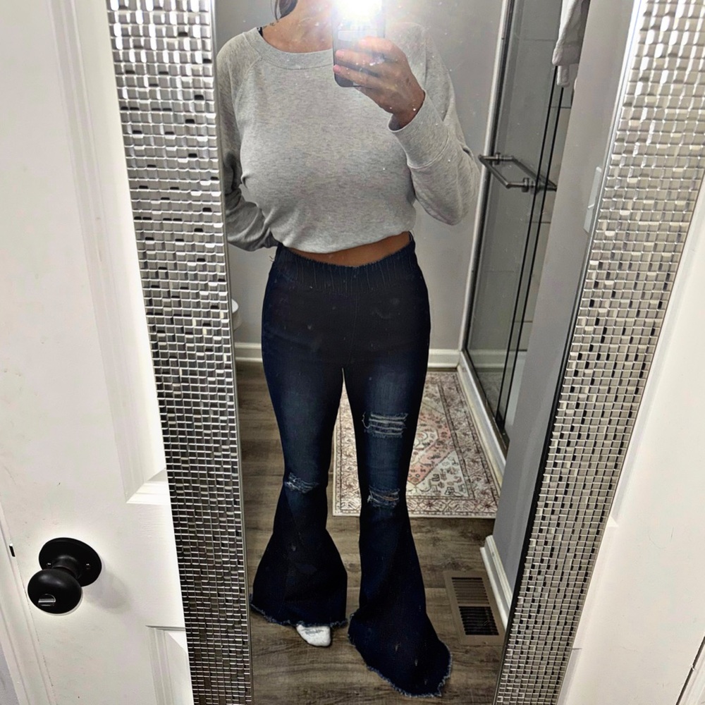 L&B (Lucky & Blessed) Dark Wash Distressed High Rise Extreme Flare Jeans